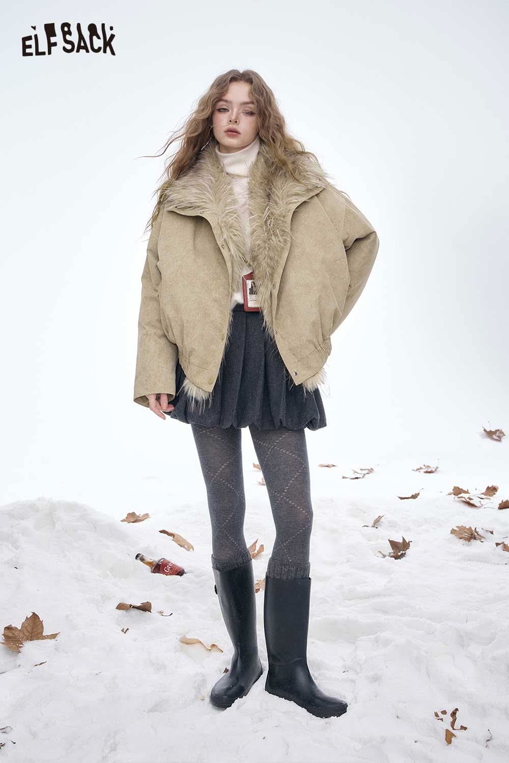 ELFSACK women's plush lined down jacket in tan, perfect for winter warmth and style with a cozy feel