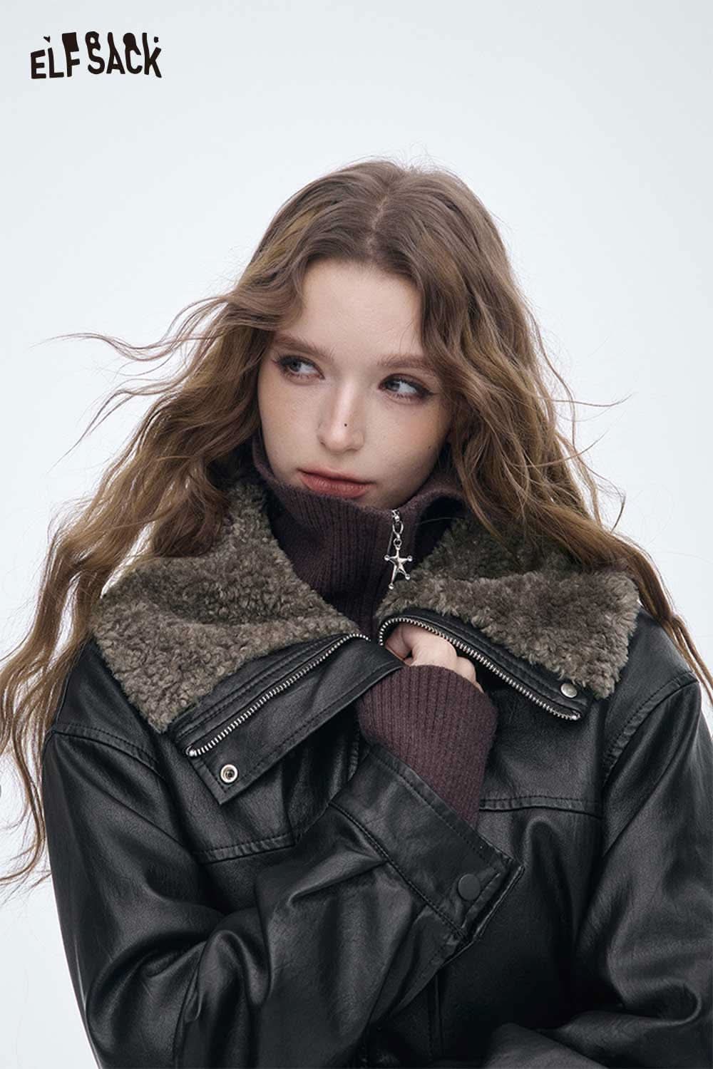 ELFSACK women's plush lined leather jacket with cozy fur collar and stylish design