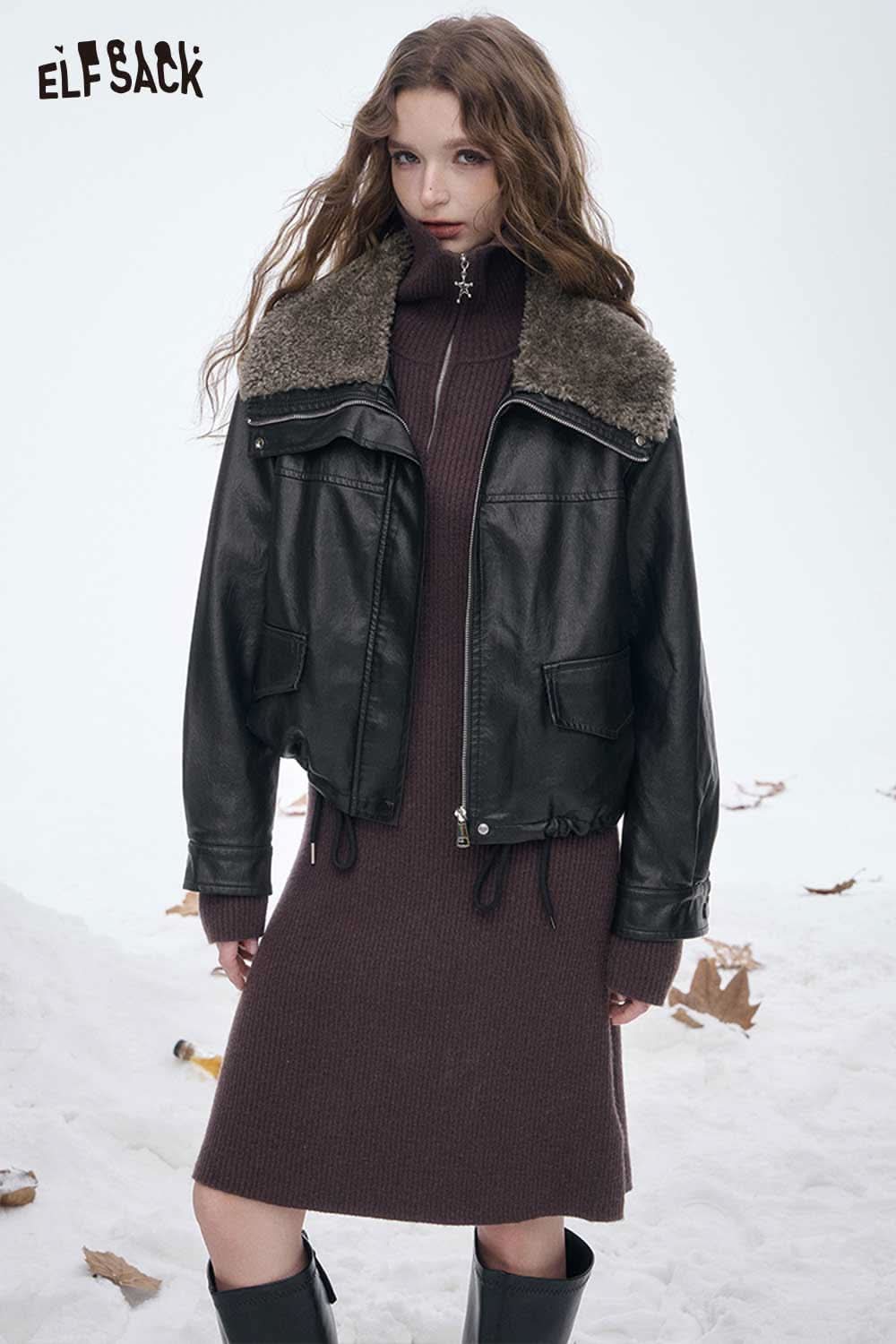 ELFSACK women's plush lined leather jacket with faux fur collar, perfect for winter fashion.