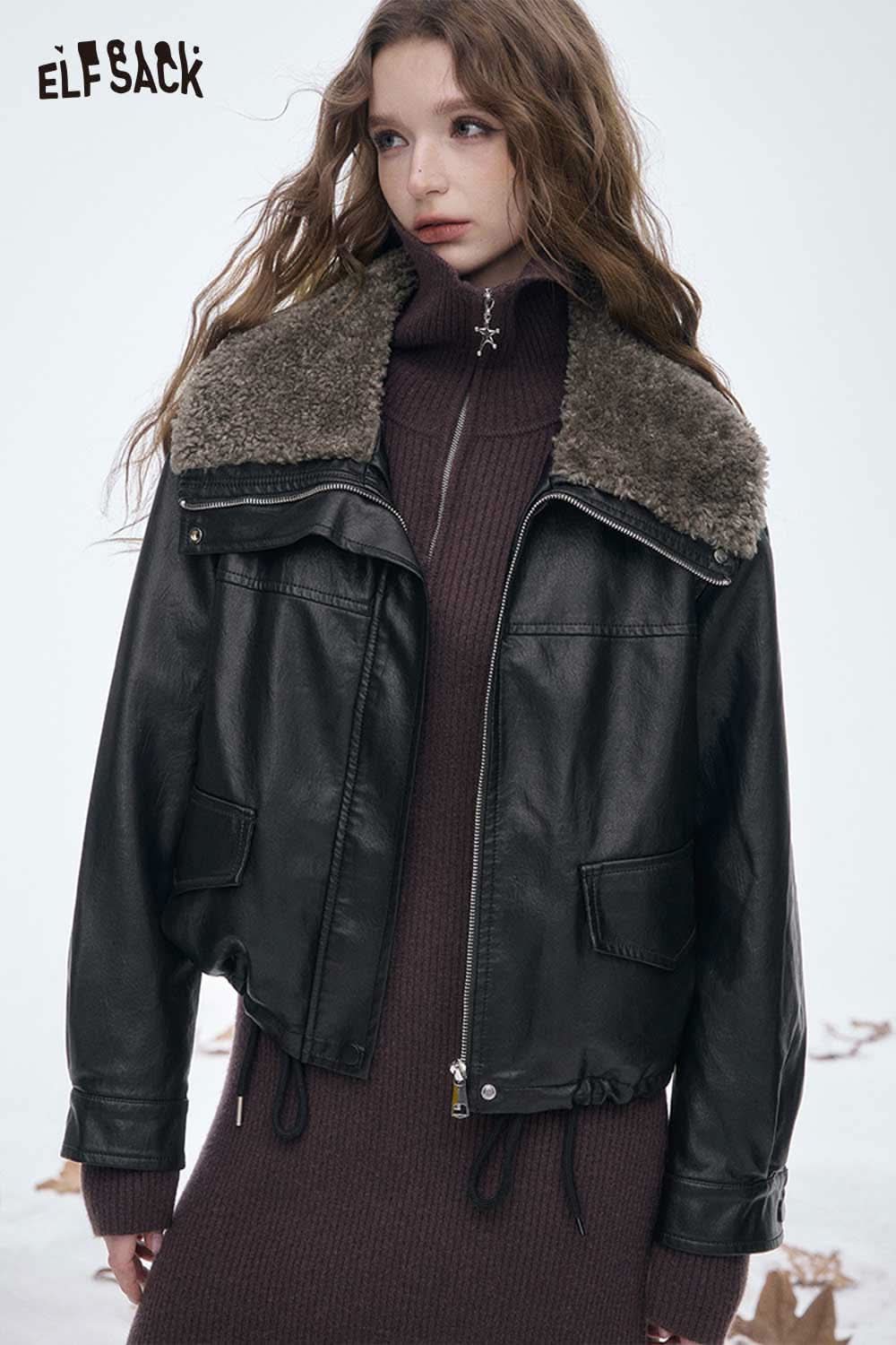 ELFSACK women's plush lined leather jacket with fur collar in black, styled with a cozy dress