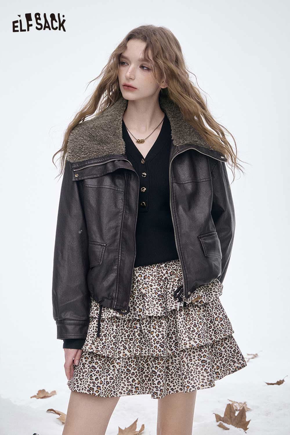 ELFSACK women's plush lined leather jacket with fur collar and relaxed fit for a stylish winter look