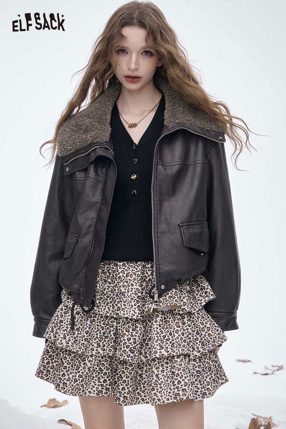 ELFSACK women's plush lined leather jacket with a stylish fur collar and a trendy layered skirt
