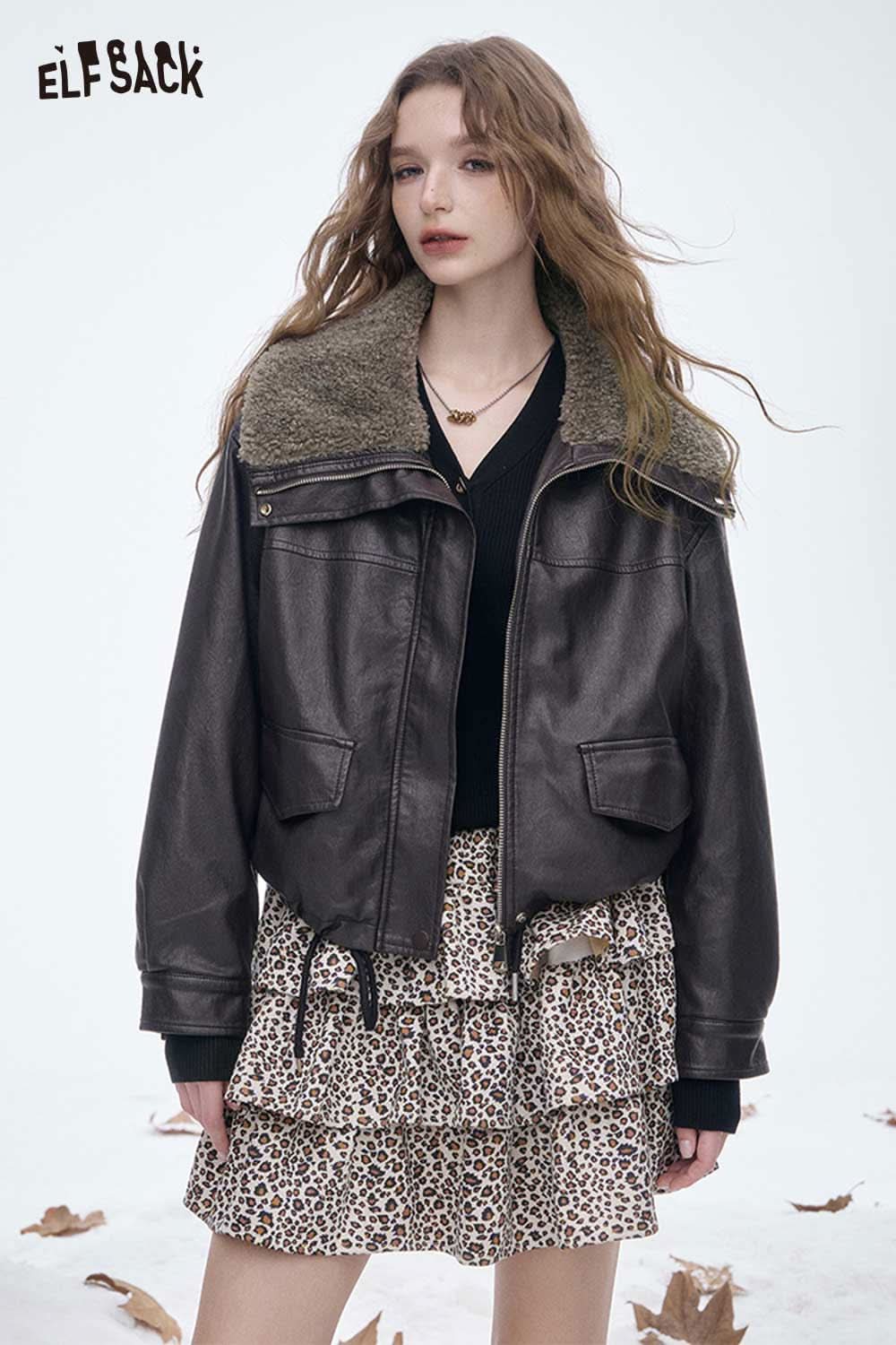 ELFSACK women's plush lined leather jacket with a stylish fur collar and trendy design