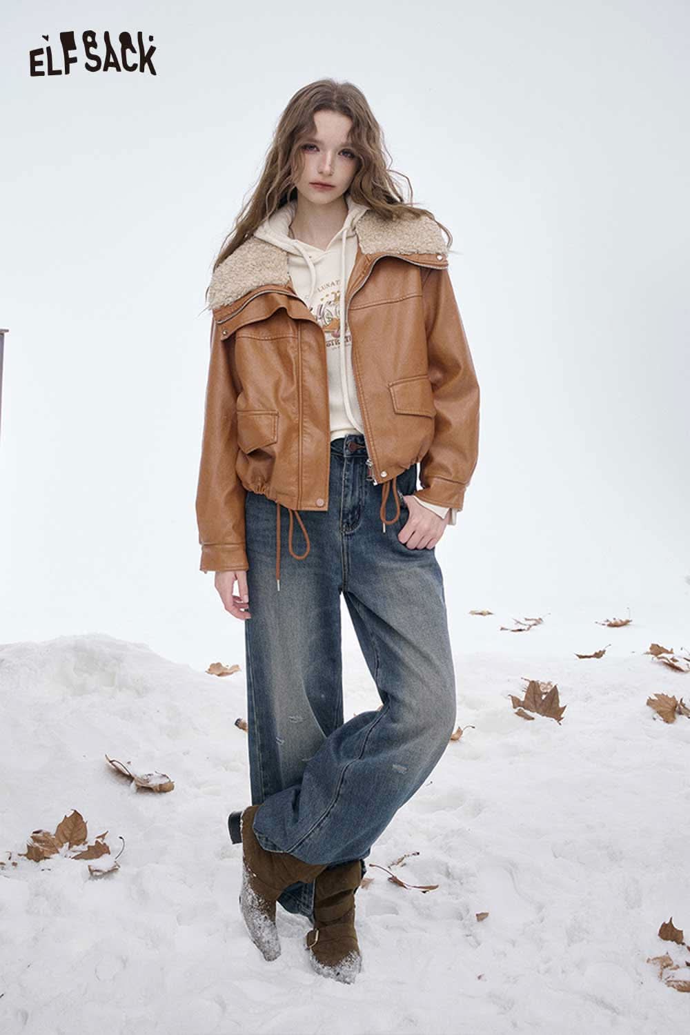 ELFSACK women's plush lined leather jacket in brown with faux fur collar, perfect for winter outfits