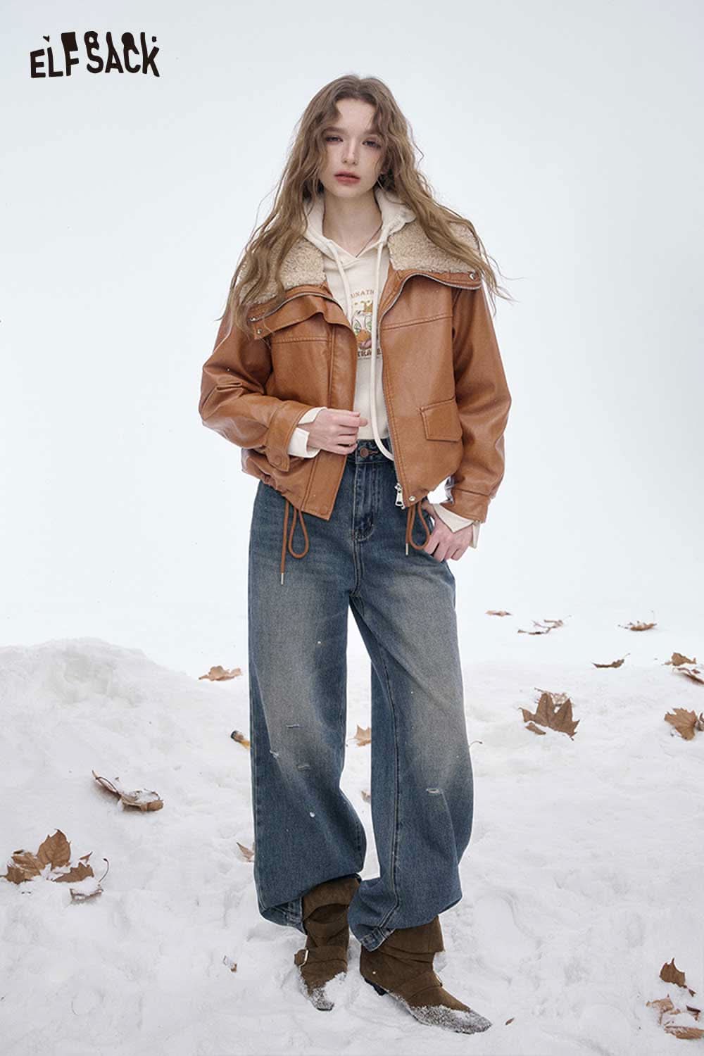 ELFSACK women's plush lined leather jacket in brown, styled with a hoodie and jeans for a trendy winter look