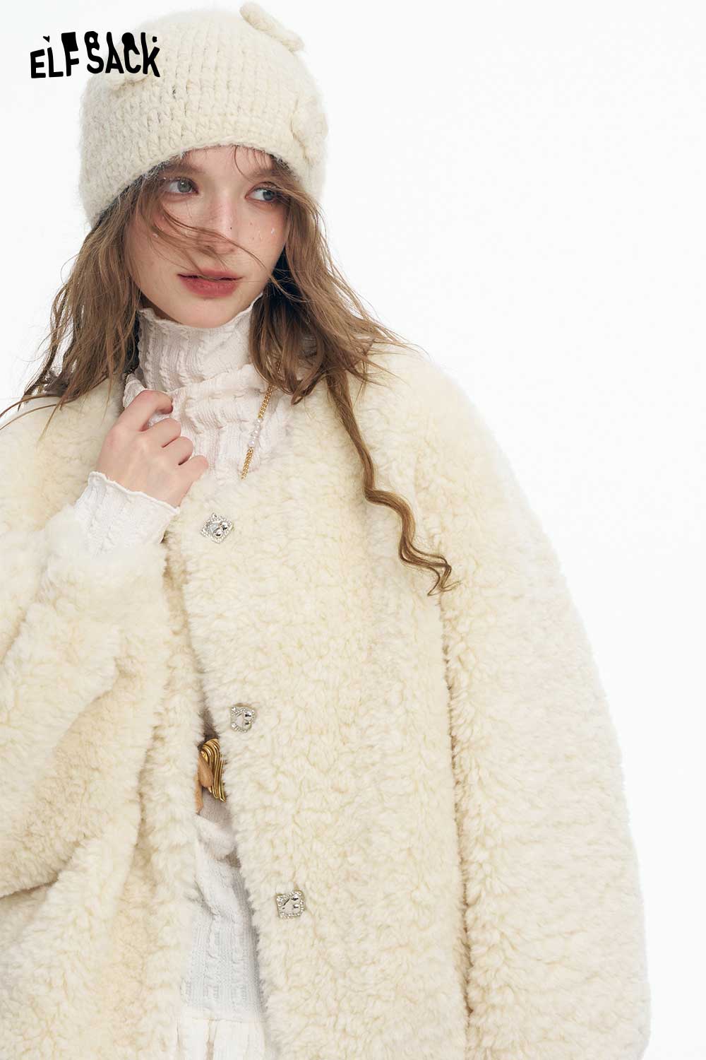 ELFSACK women's plush short coat in cream color, featuring a soft texture and stylish button details