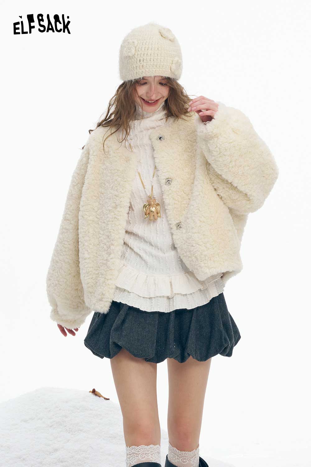 ELFSACK women's plush short coat in cream color paired with a stylish skirt and knitted hat
