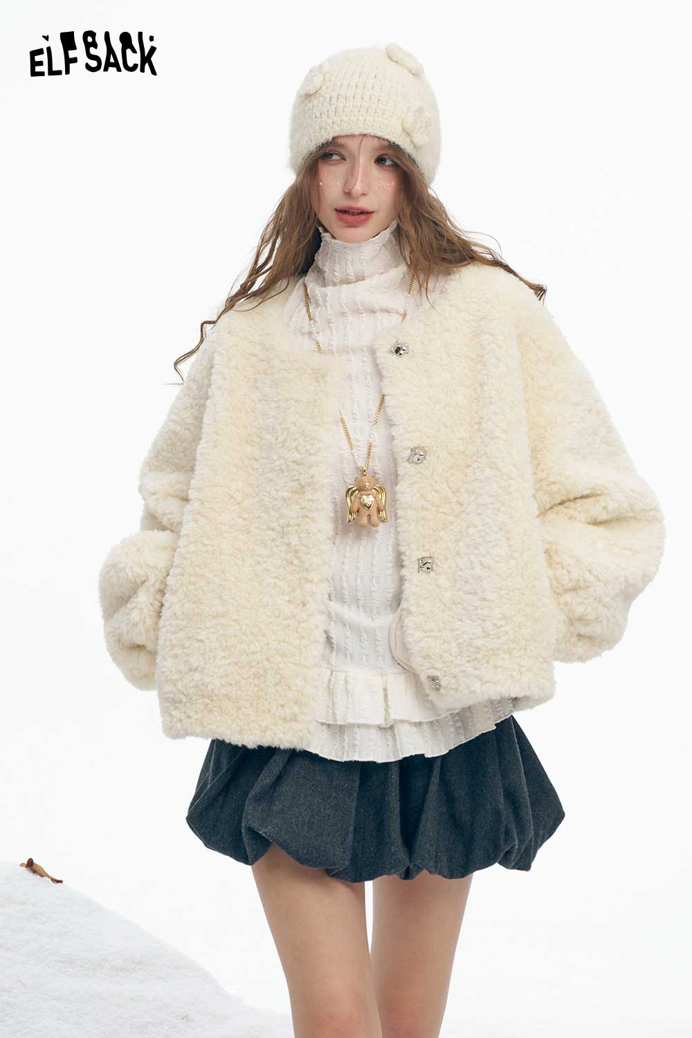 ELFSACK women's plush short coat in cream color, styled with a white sweater and skirt
