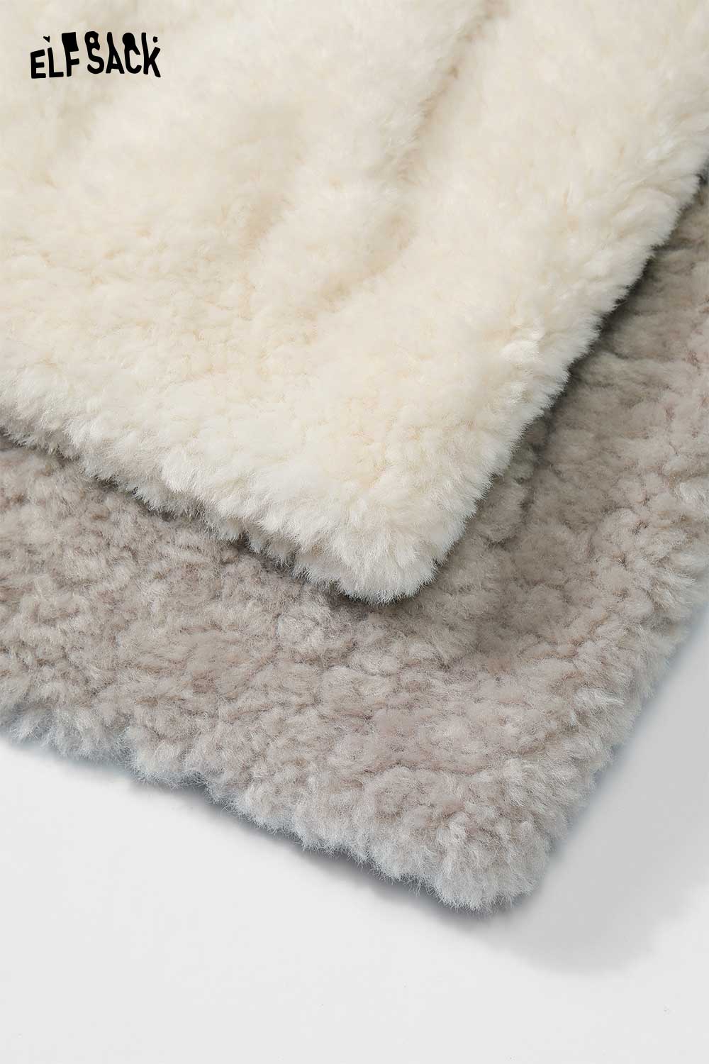 ELFSACK women's plush short coat in cream and grey, featuring a soft and cozy texture