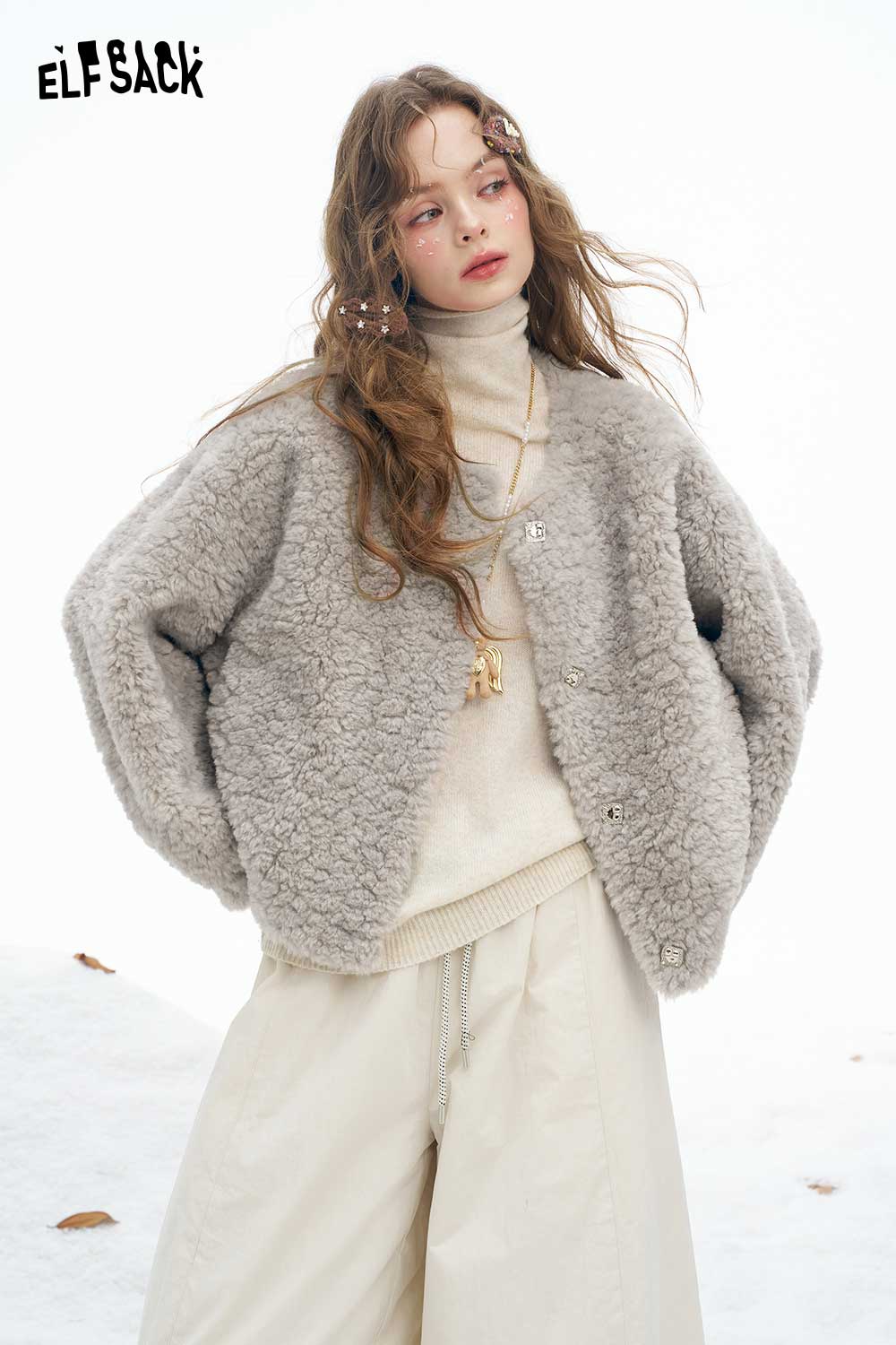 ELFSACK women's plush short coat in gray, featuring a fluffy design and a comfortable fit