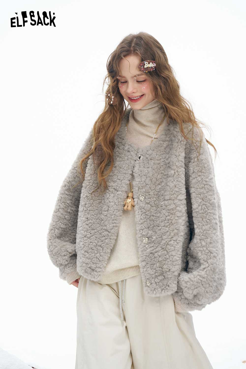 ELFSACK women's plush short coat in gray, featuring a cozy design and button closure for stylish warmth