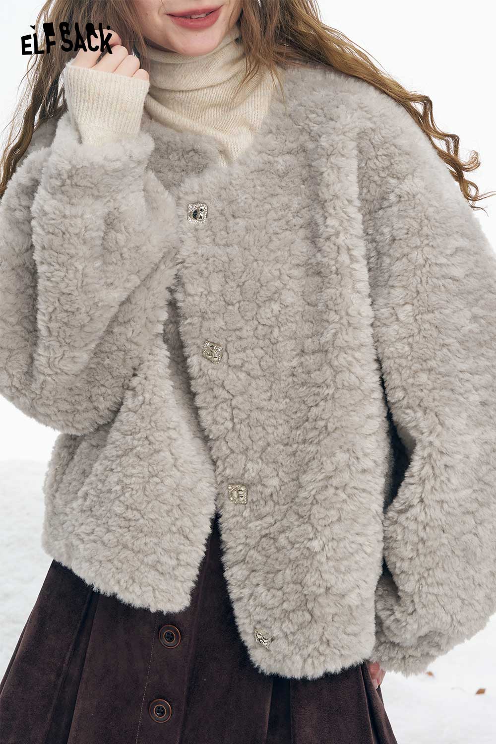 ELFSACK women's plush short coat in soft grey with a cozy, textured design and button closure