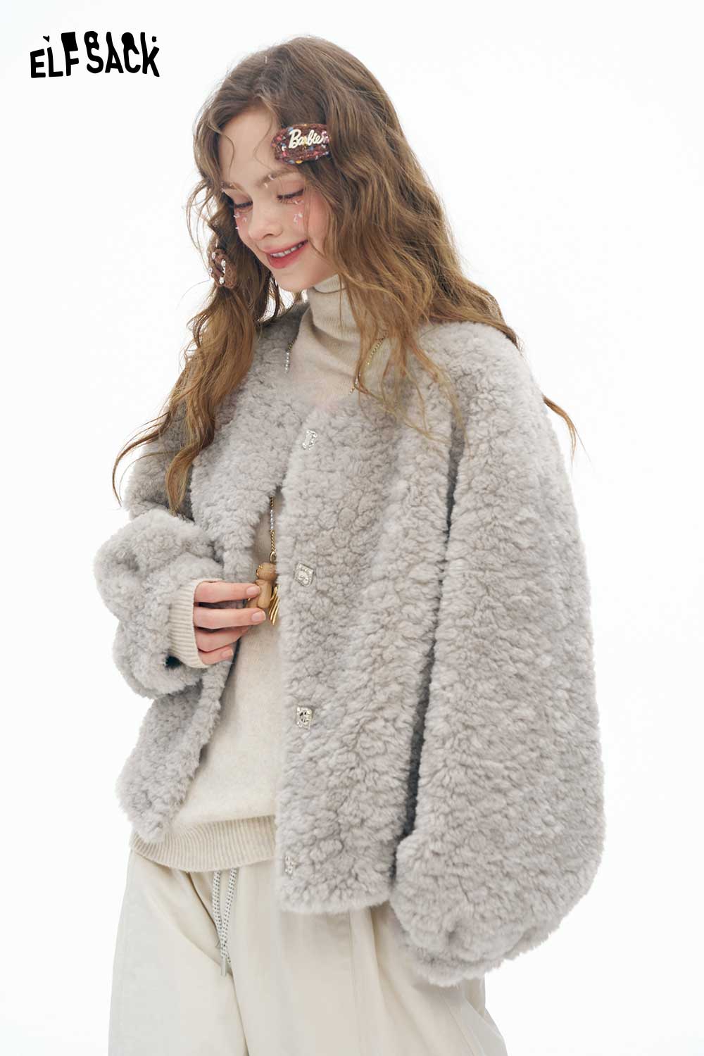 ELFSACK women's plush short coat in light gray with a cozy, oversized design and button closure