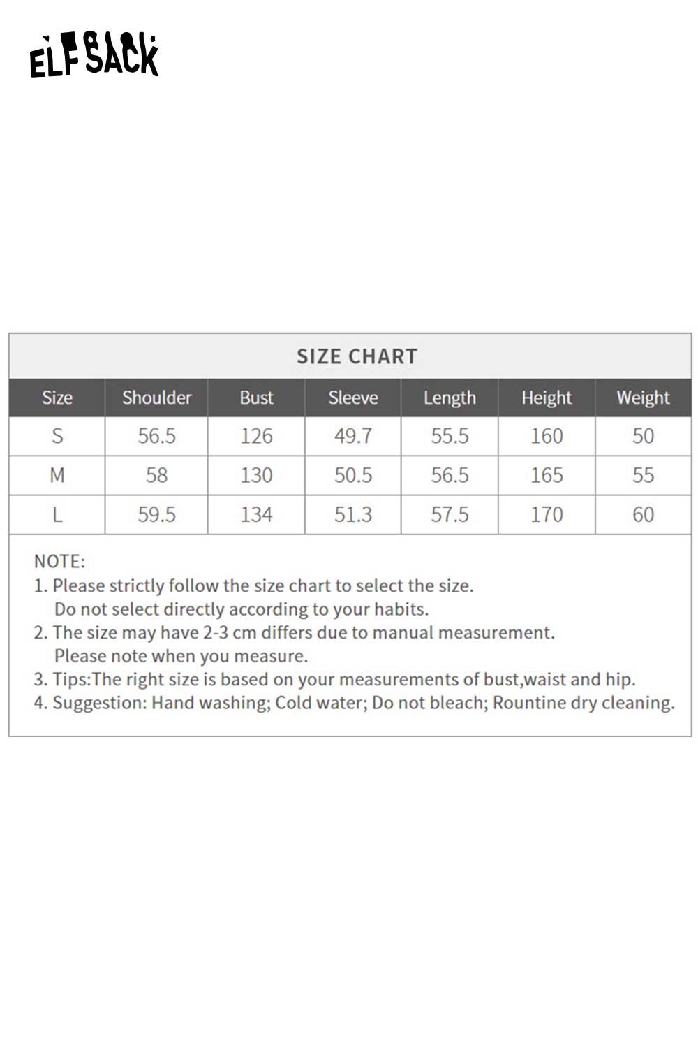 Size chart for ELFSACK women's plush short coat showing measurements for Small, Medium, and Large