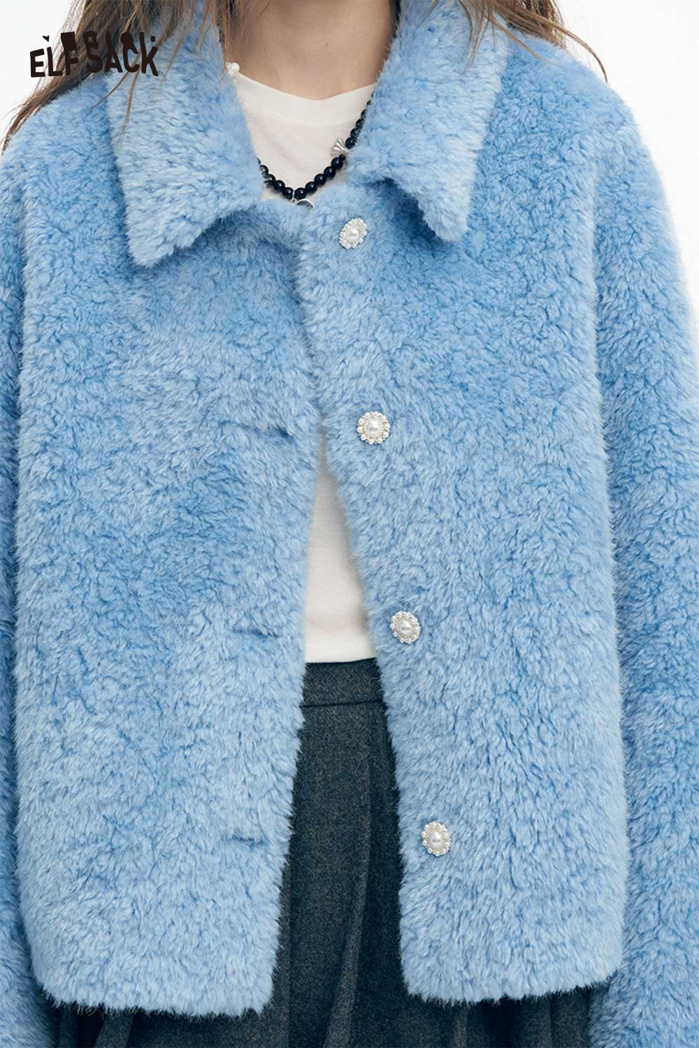 ELFSACK women's plush stand collar coat in light blue with button closures and a cozy texture