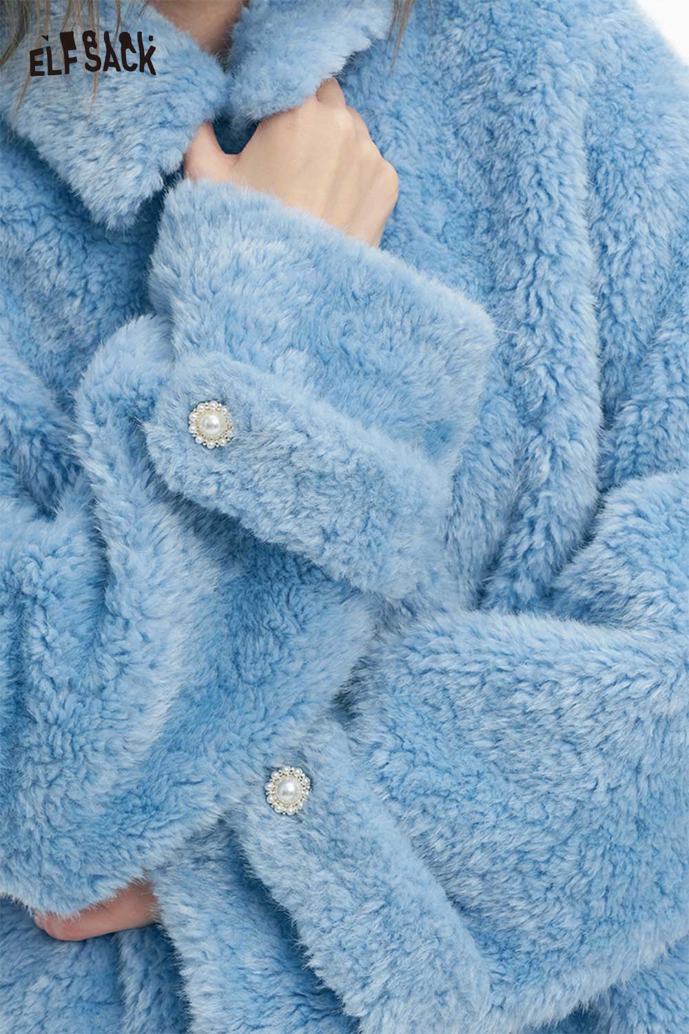 ELFSACK women's plush stand collar coat in light blue with stylish button details for warmth and comfort