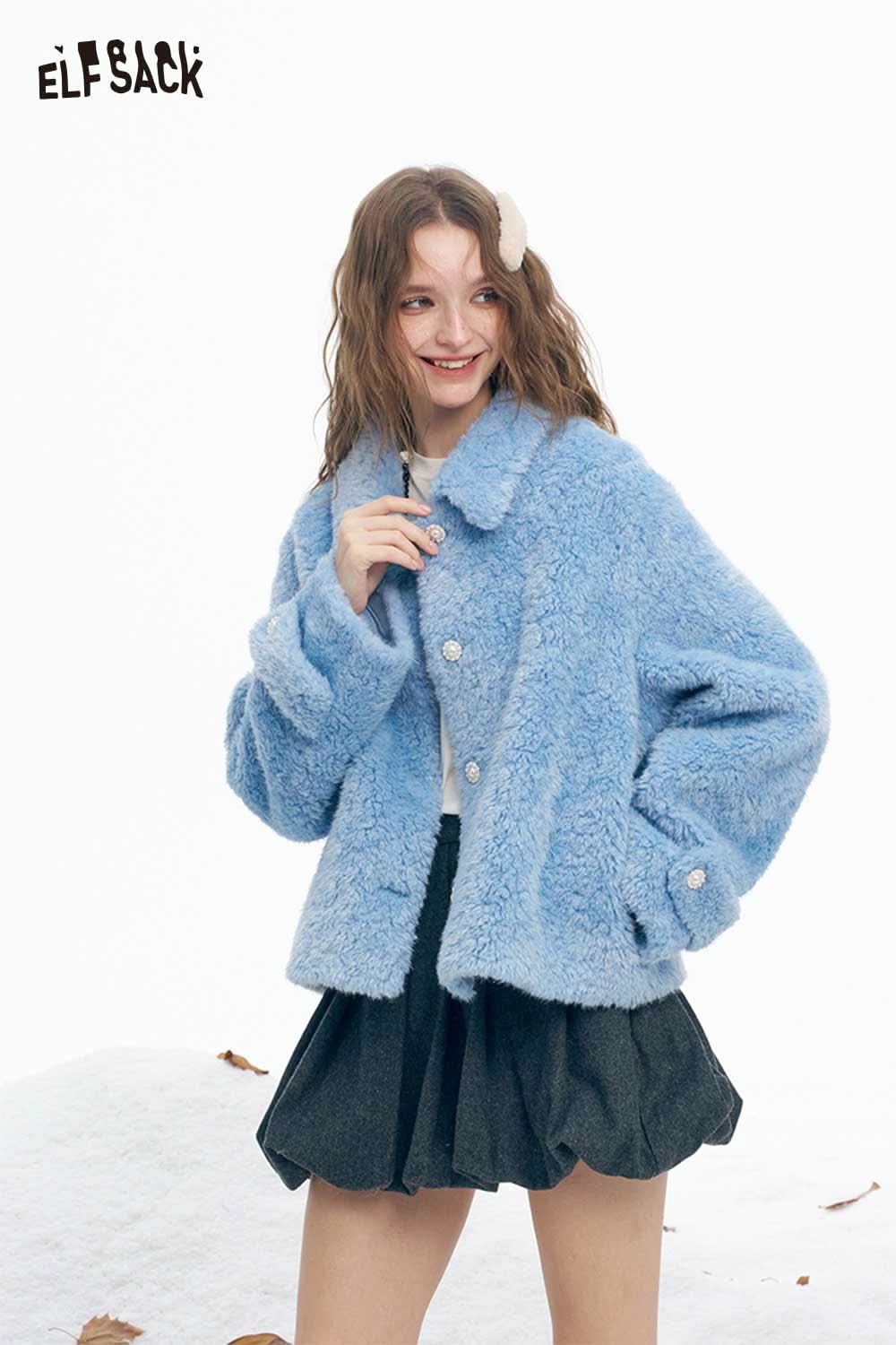 ELFSACK women's plush stand collar coat in blue, featuring a cozy design with button closure.