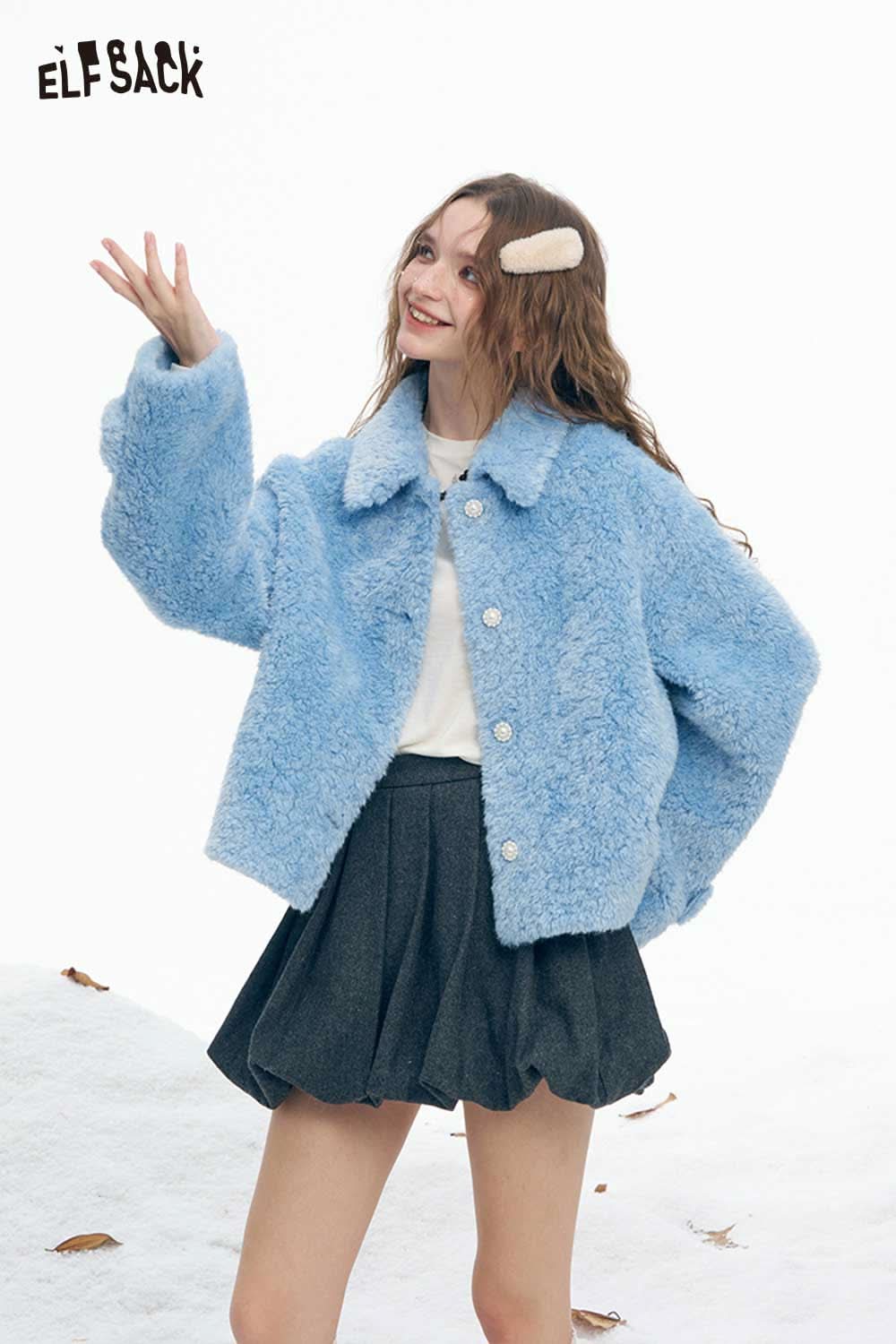 ELFSACK women's plush stand collar coat in blue, stylish and cozy for winter wear