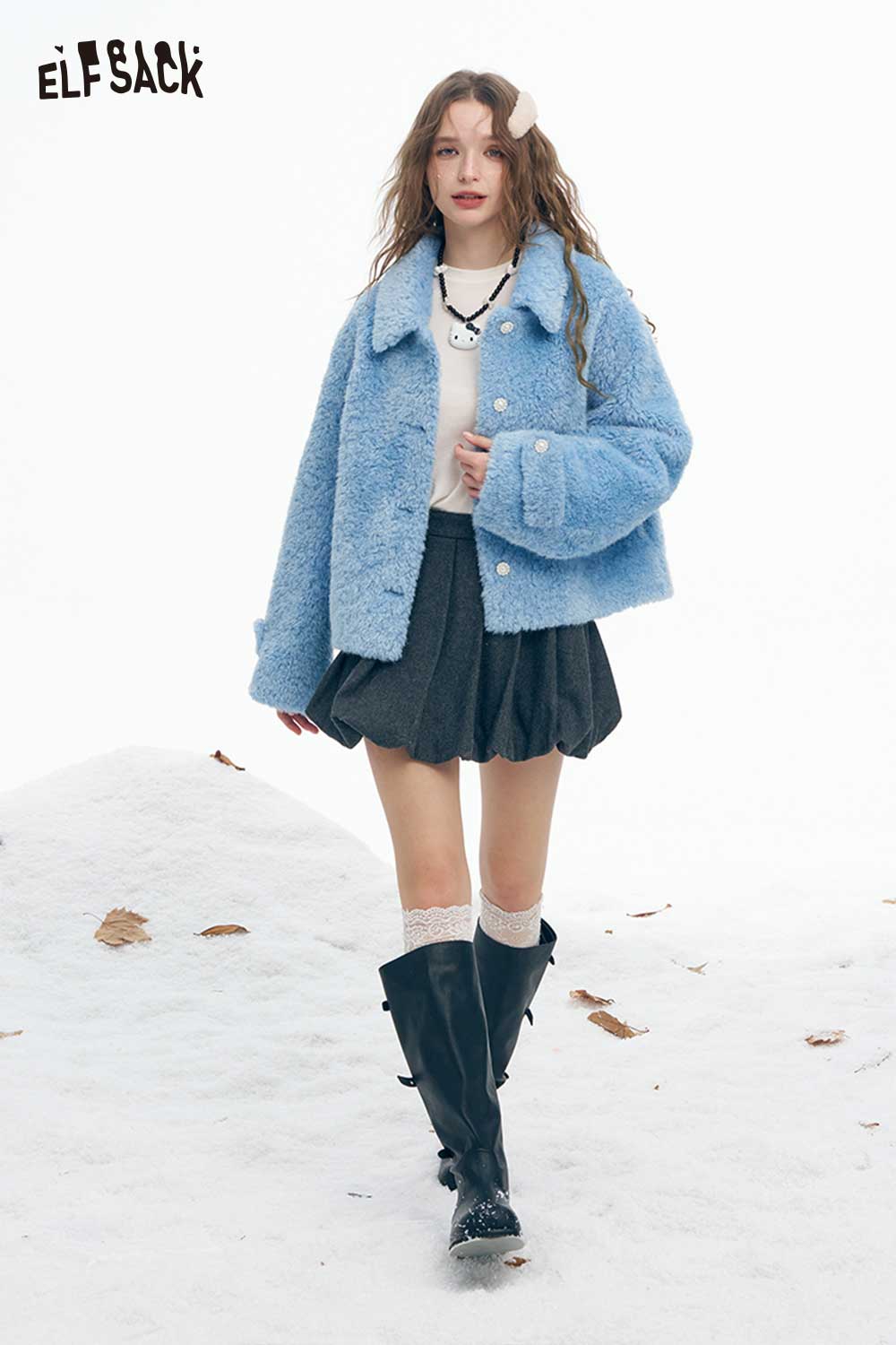 ELFSACK women's plush stand collar coat in light blue, perfect for stylish winter looks