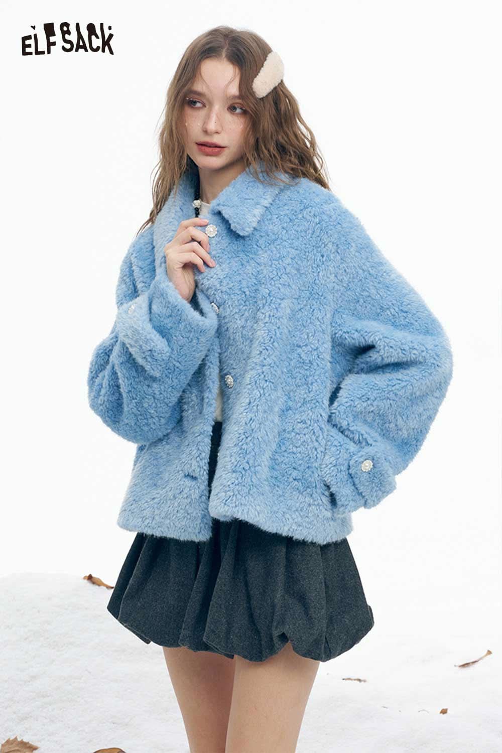 ELFSACK women's plush stand collar coat in blue with soft texture and button details