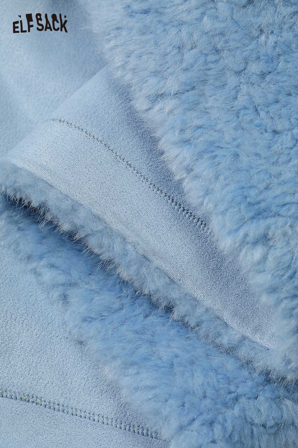 ELFSACK women's plush stand collar coat in soft blue wool fabric for stylish warmth