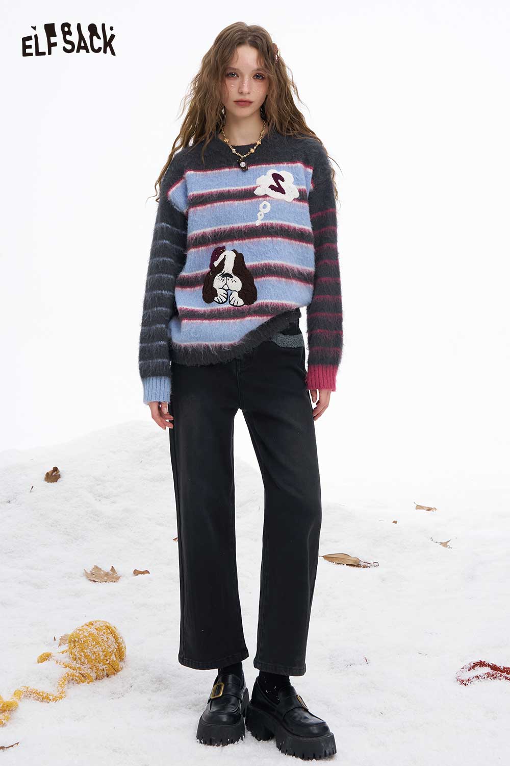 ELFSACK women's plush tapered jeans styled with a colorful sweater for a trendy winter outfit