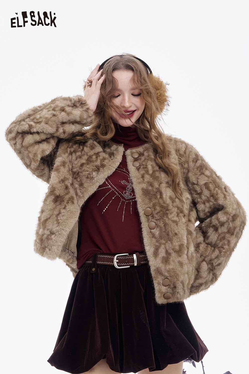 ELFSACK women's plush warm coat in soft brown with a cozy design, perfect for winter styling