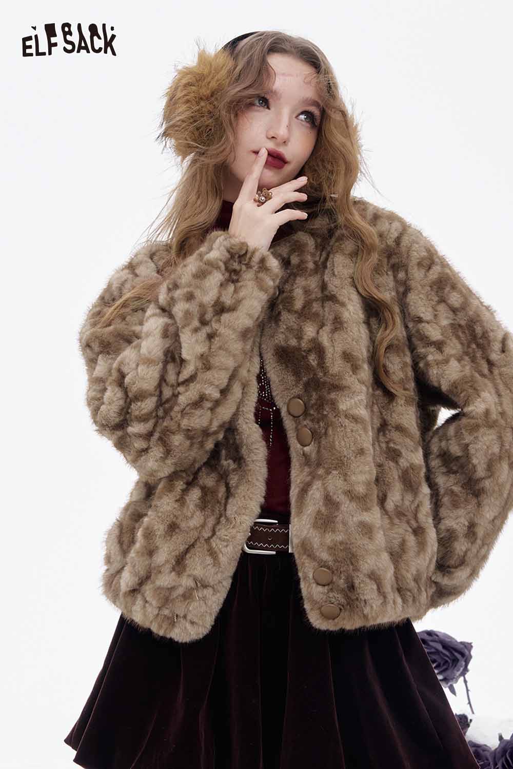 ELFSACK women's plush warm coat in brown with a soft fuzzy texture for stylish winter wear