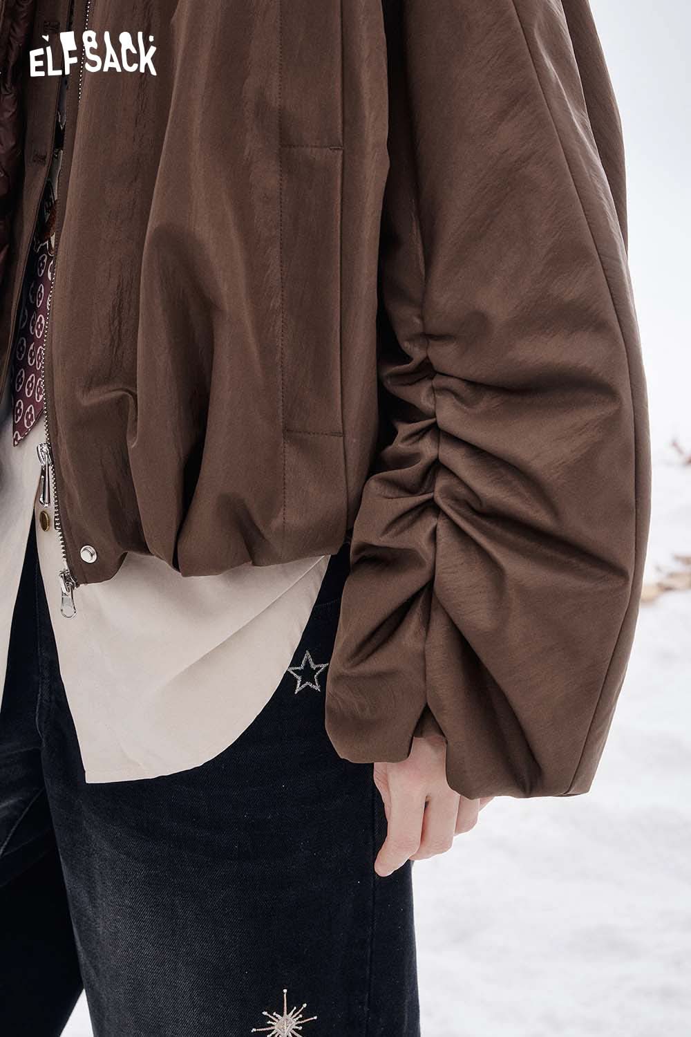 ELFSACK women's puff sleeve down jacket featuring stylish ruched sleeves in a rich brown color
