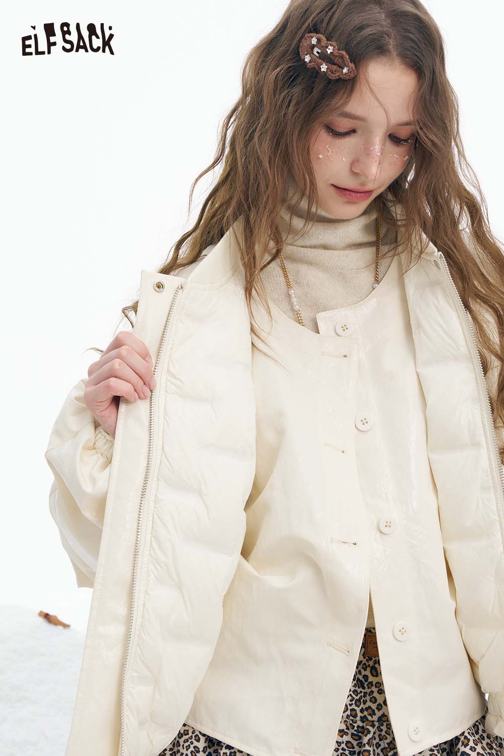 ELFSACK women's puff sleeve down jacket in cream color for stylish warmth and comfort