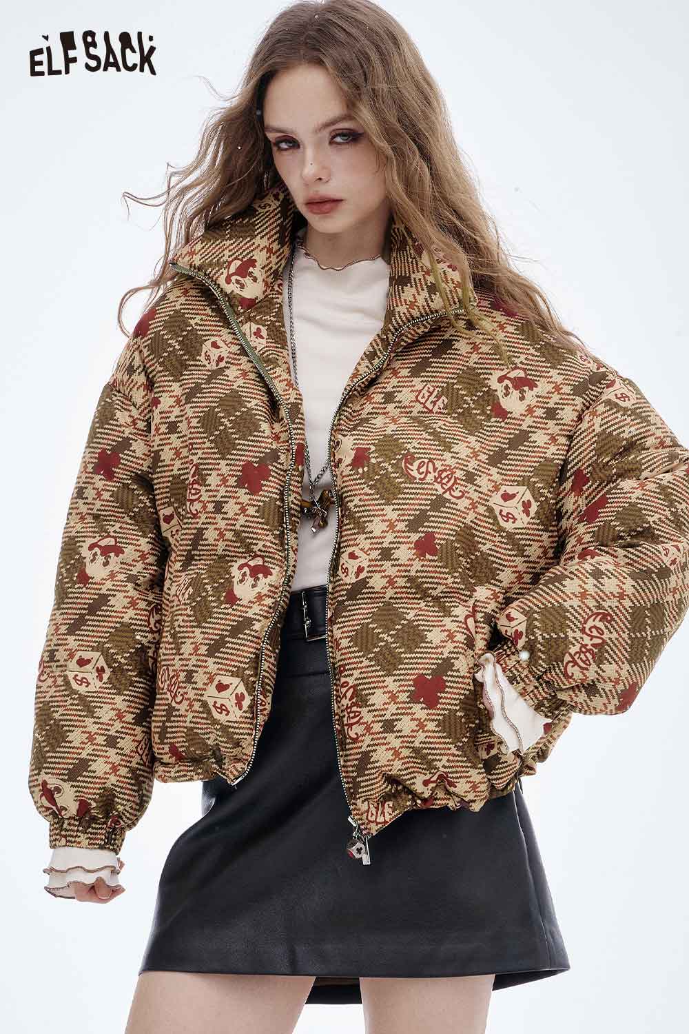 ELFSACK women's reversible down jacket in a unique pattern, perfect for stylish winter wear