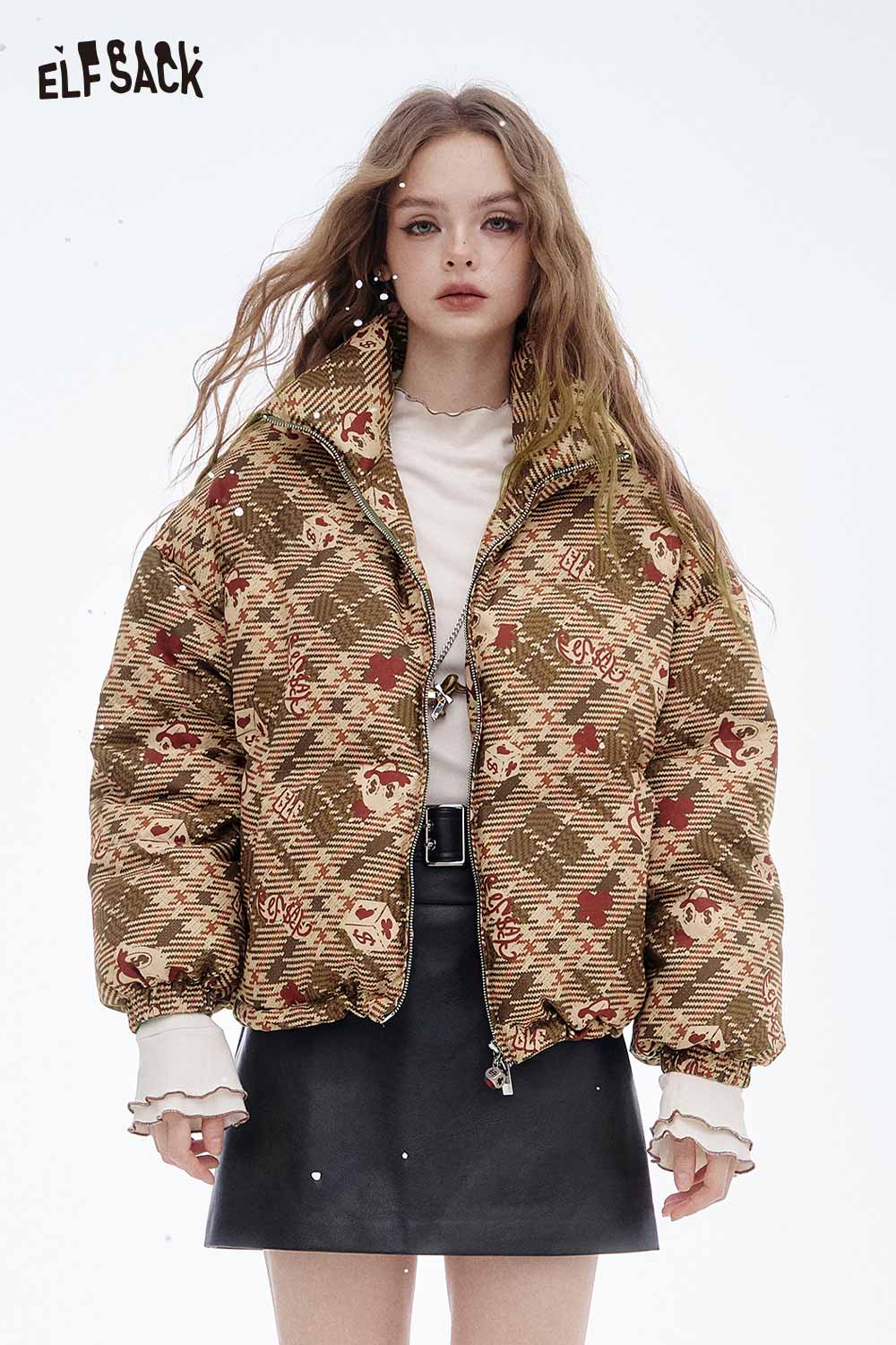 ELFSACK women's reversible down jacket in stylish brown plaid pattern for versatile winter fashion