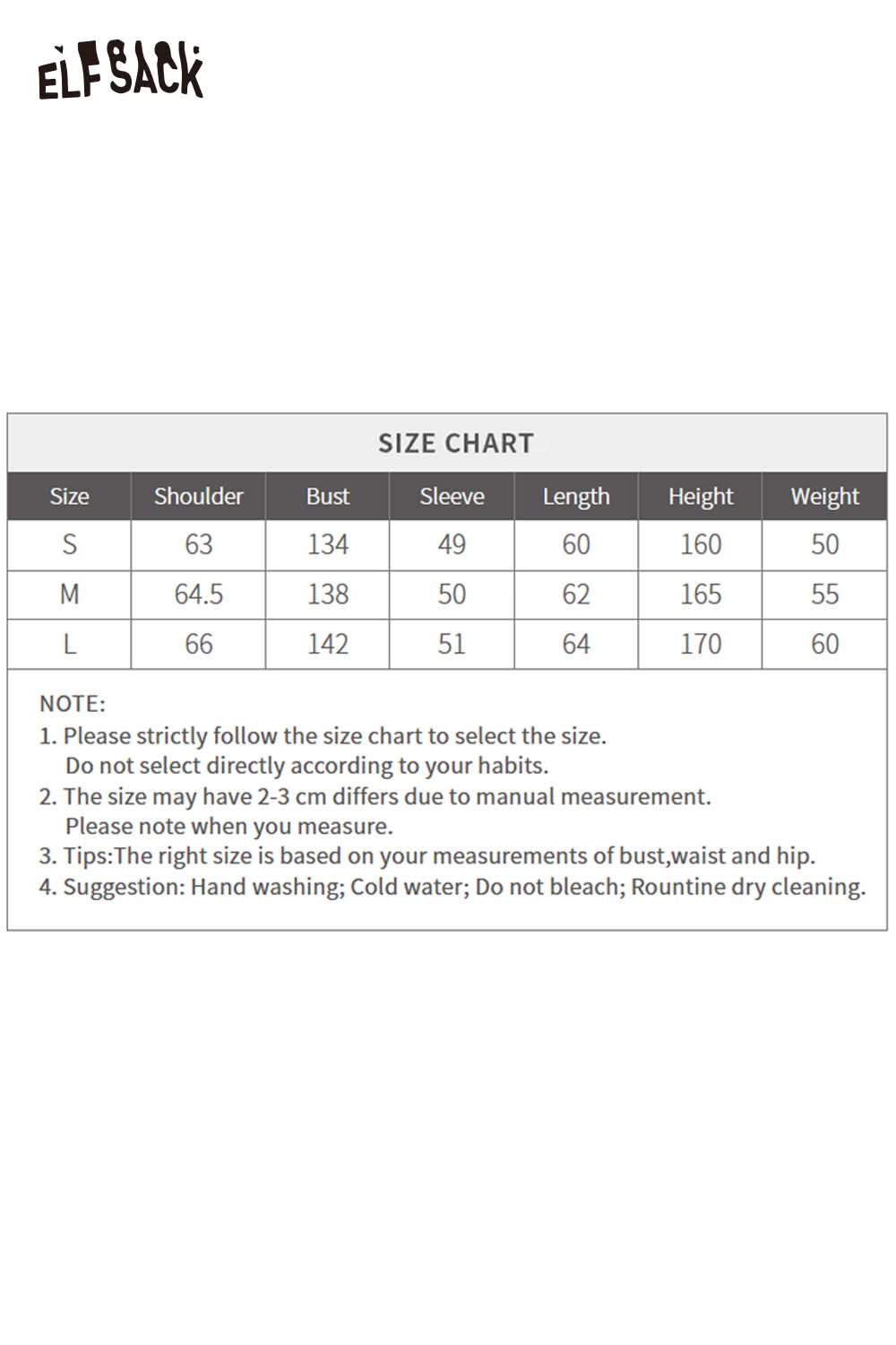 ELFSACK women's reversible down jacket size chart for accurate fitting and measurements