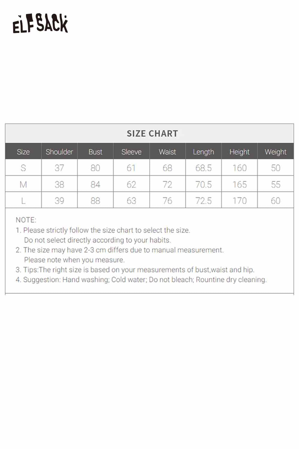 ELFSACK women's ruffle high neck t-shirt with size chart and care instructions