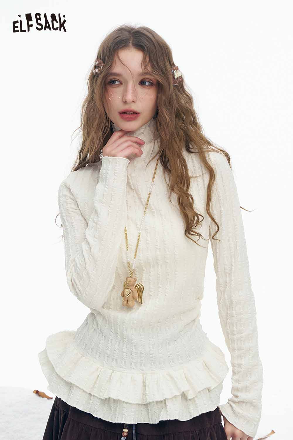 ELFSACK women's ruffle high neck t-shirt in cream with textured fabric and stylish design