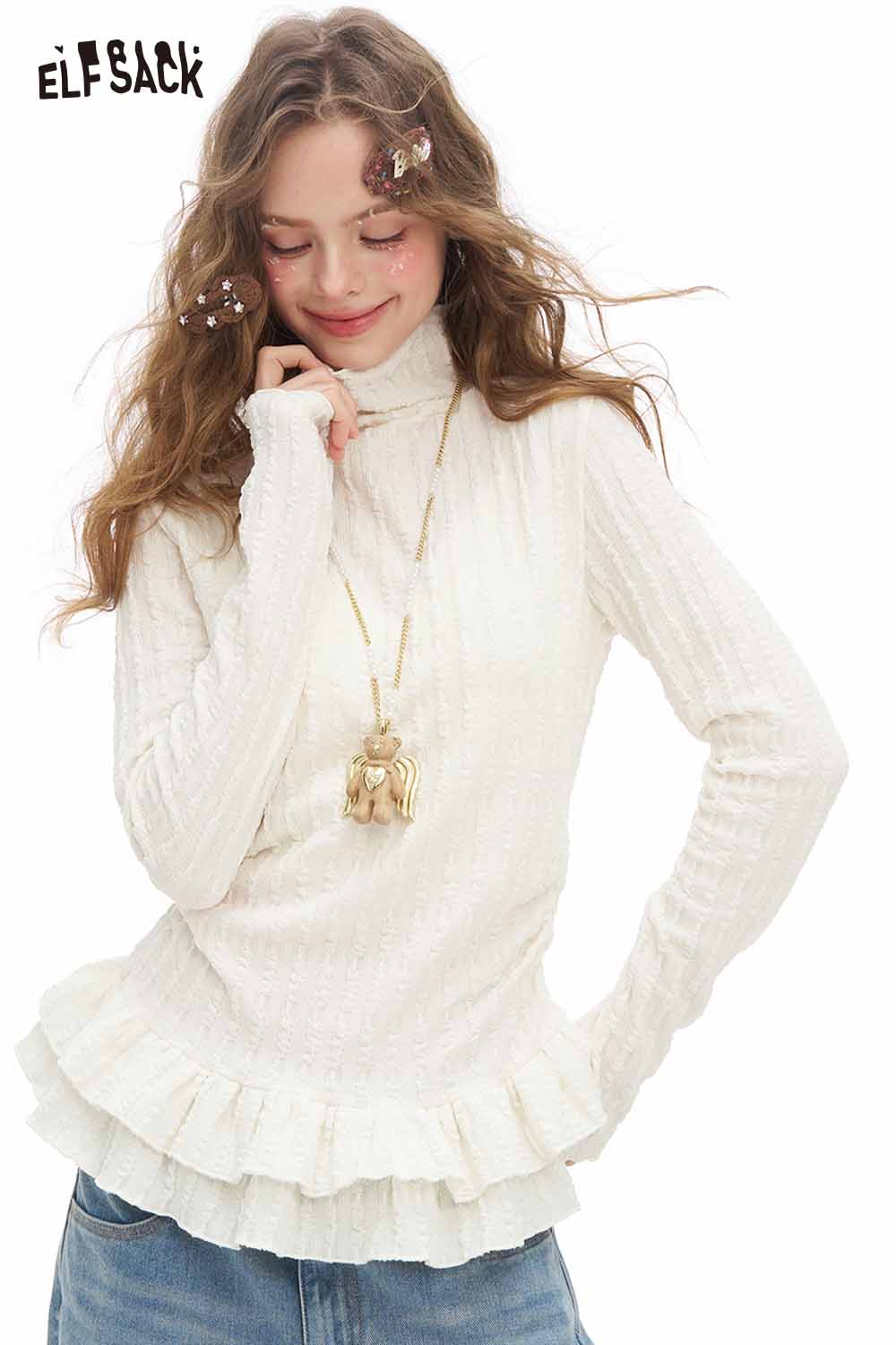 ELFSACK women's ruffle high neck t-shirt in white with textured fabric and stylish peplum hem