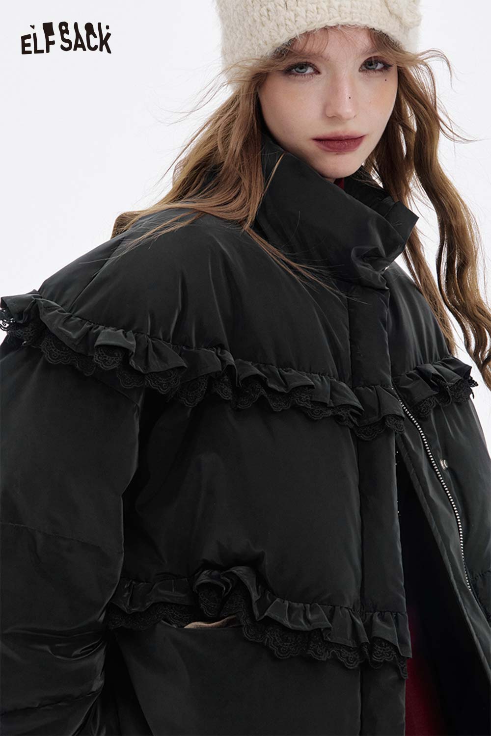 ELFSACK women's ruffle puffer down jacket in black with stylish ruffle detailing and high collar