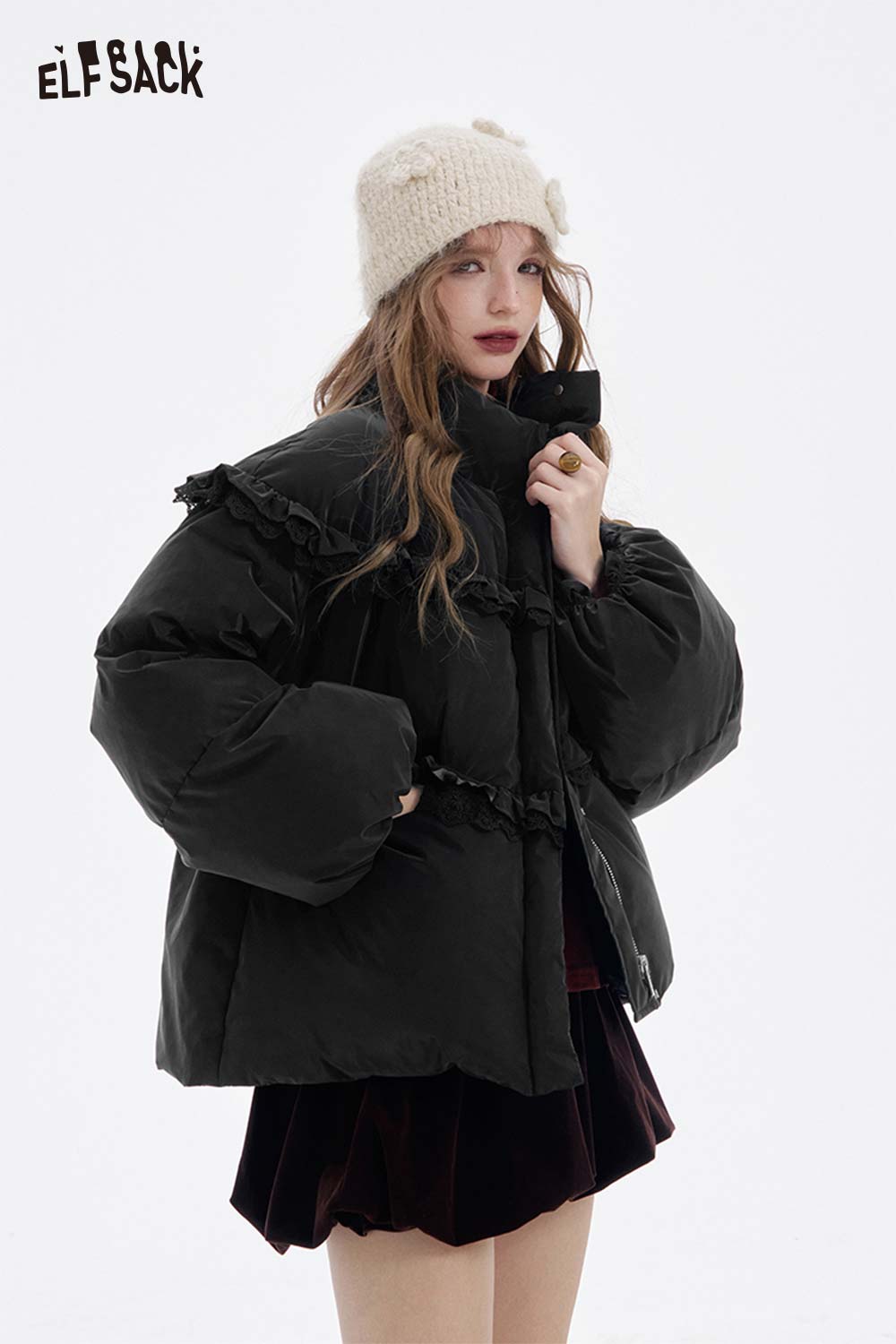 ELFSACK women's ruffle puffer down jacket in black with stylish ruffle detailing and oversized fit
