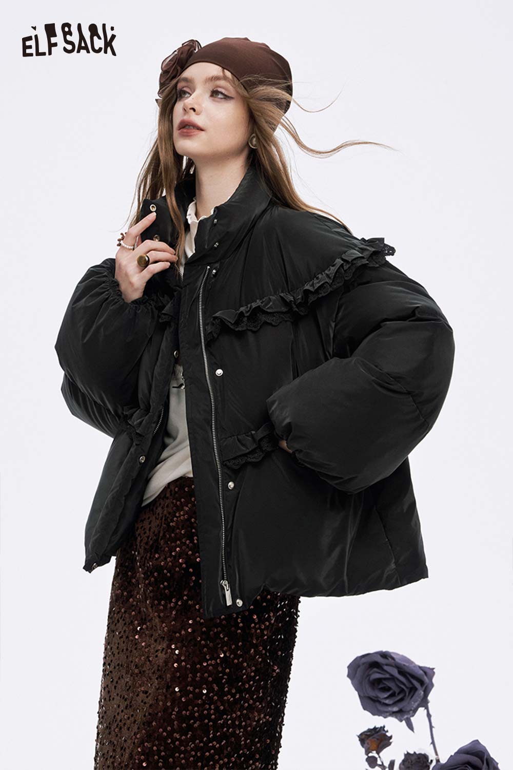 ELFSACK women's ruffle puffer down jacket in black featuring stylish ruffles and puffed sleeves