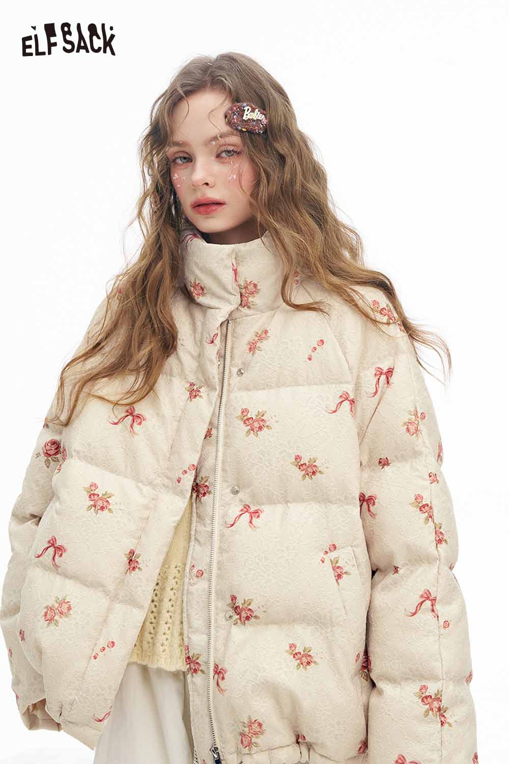 ELFSACK women's short down jacket with floral print and cozy style for winter fashion