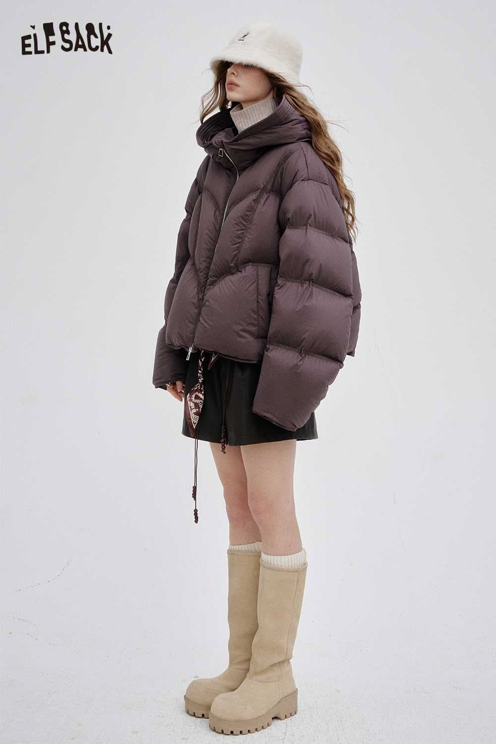 ELFSACK women's short down jacket in dark purple with oversized fit and stylish design