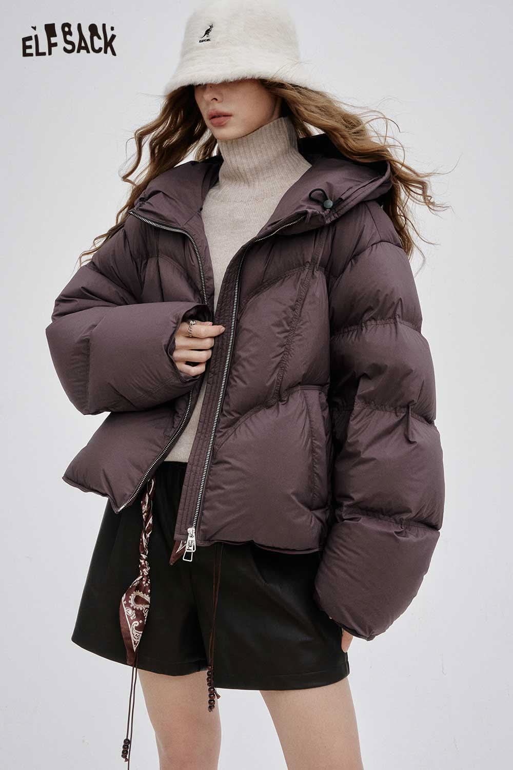 ELFSACK women's short down jacket in dark brown with a cozy hood and oversized fit