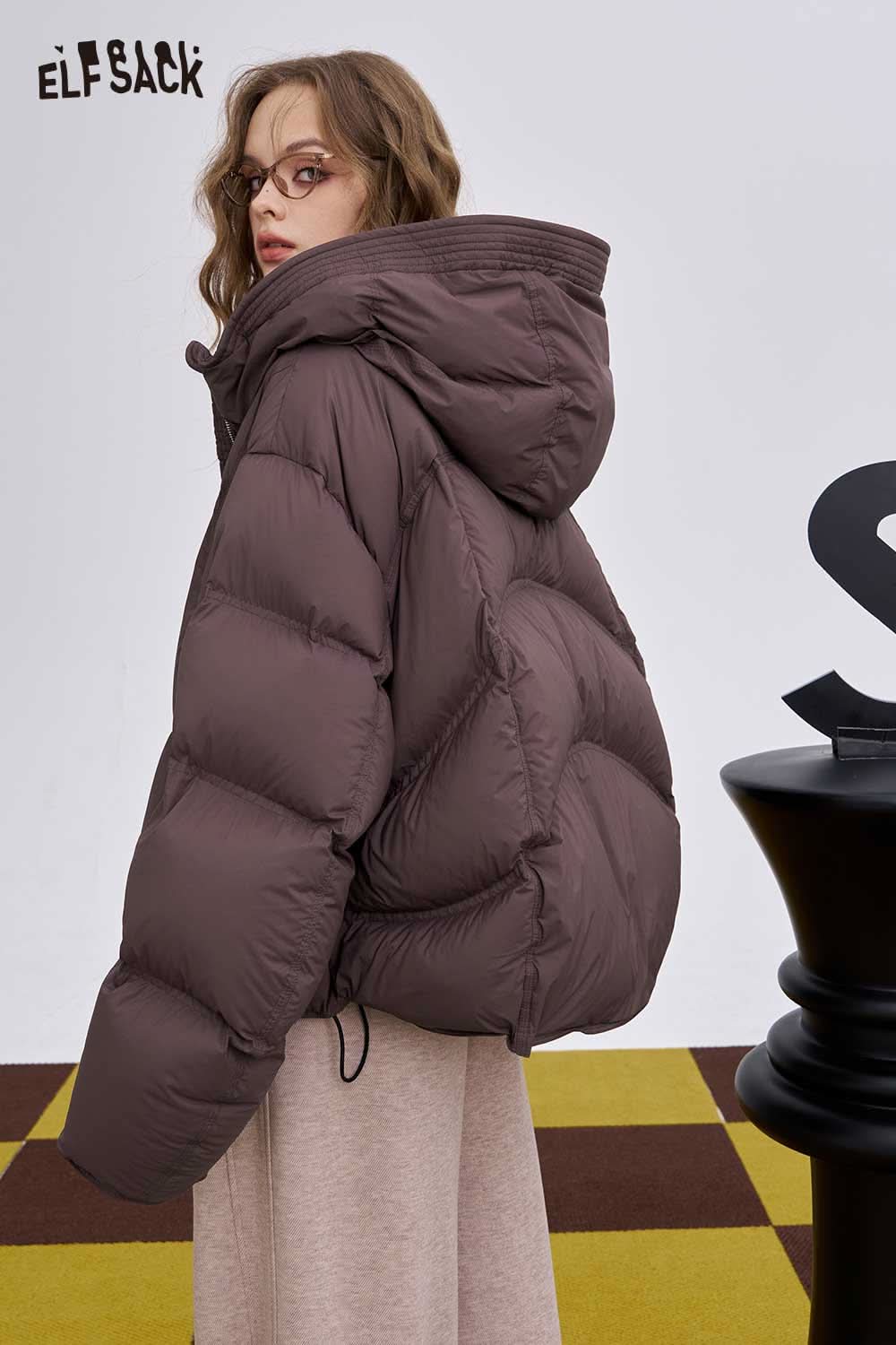 ELFSACK women's short down jacket in brown with a hood and oversized fit for stylish warmth
