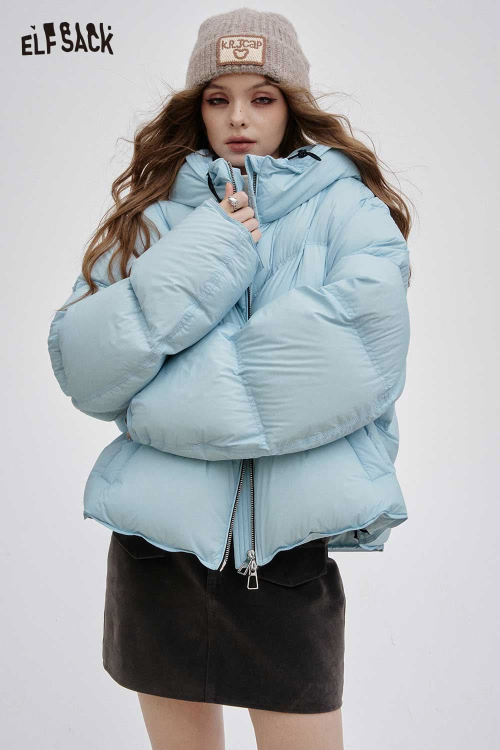ELFSACK women's short down jacket in light blue with a hood and oversized fit for casual winter style