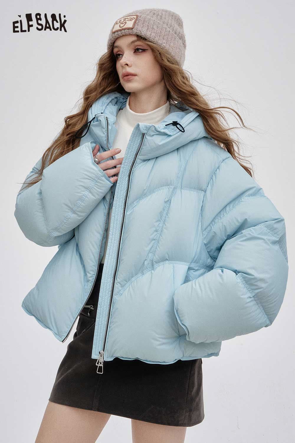 ELFSACK women's short down jacket in light blue with a cozy hood and zippered front
