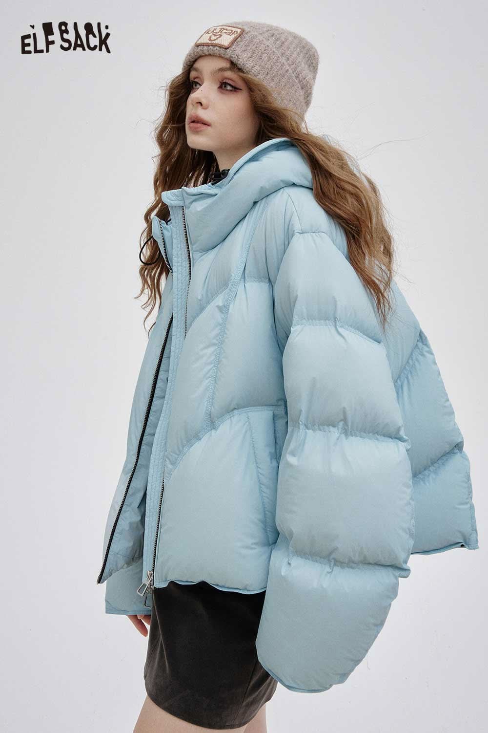 ELFSACK women's short down jacket in light blue with oversized puffy design and stylish fit