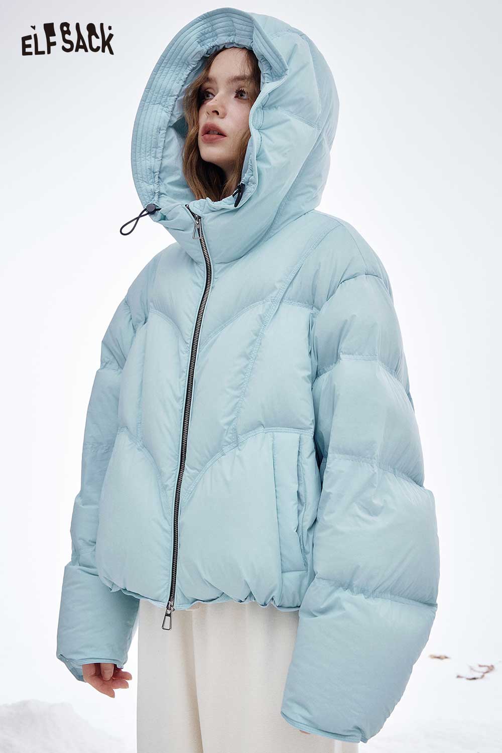 ELFSACK women's short down jacket in light blue with a hood and oversized fit for winter warmth