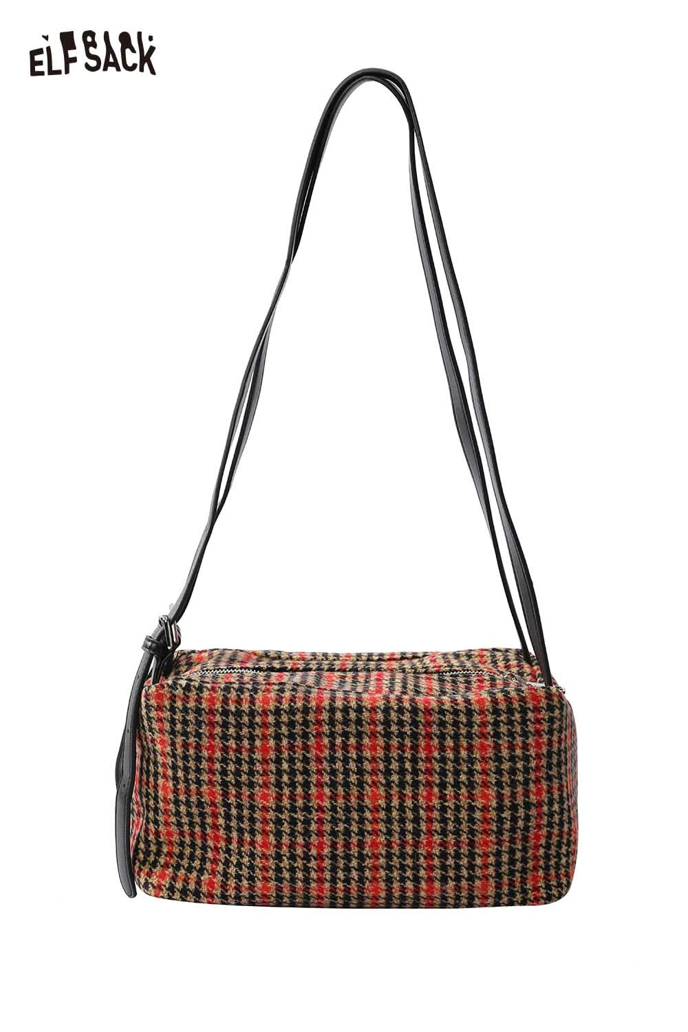ELFSACK women's single strap shoulder bag in a classic check pattern with a stylish design