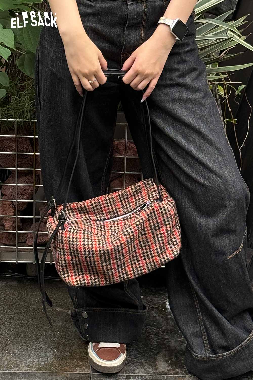 ELFSACK women's single strap shoulder bag in plaid pattern, styled with wide leg jeans