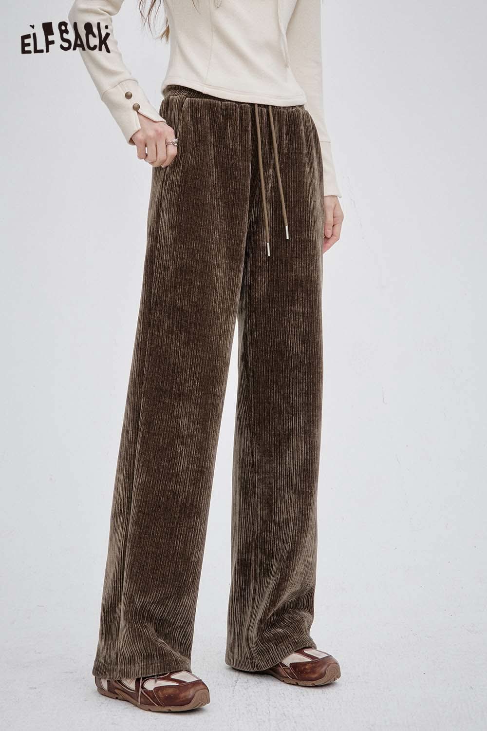 ELFSACK women's slim fit elastic drawstring pants in brown corduroy for comfortable everyday wear